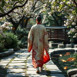 An ancient Chinese scholar walking gracefully through a serene garden, surrounded by lush greenery, blooming cherry blossoms, and traditional stone pathways