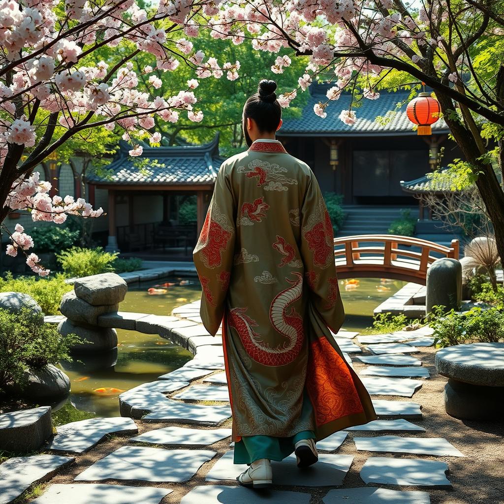 An ancient Chinese scholar walking gracefully through a serene garden, surrounded by lush greenery, blooming cherry blossoms, and traditional stone pathways