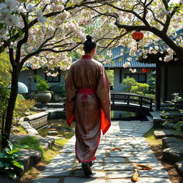 An ancient Chinese scholar walking gracefully through a serene garden, surrounded by lush greenery, blooming cherry blossoms, and traditional stone pathways