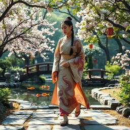 An ancient Chinese scholar walking gracefully through a serene garden, surrounded by lush greenery, blooming cherry blossoms, and traditional stone pathways