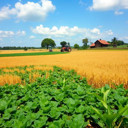 A sprawling agricultural landscape showcasing vast fields of potatoes, corn, and cassava