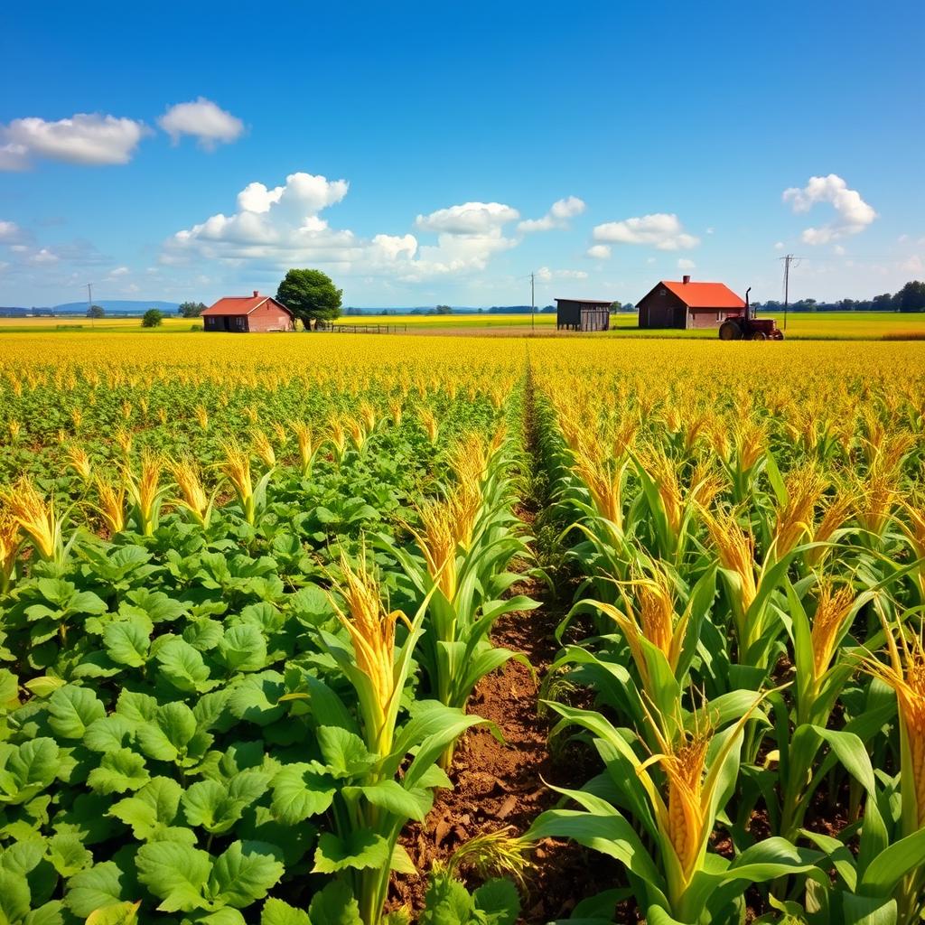 A sprawling agricultural landscape showcasing vast fields of potatoes, corn, and cassava