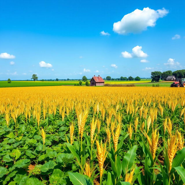 A sprawling agricultural landscape showcasing vast fields of potatoes, corn, and cassava