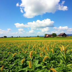A sprawling agricultural landscape showcasing vast fields of potatoes, corn, and cassava
