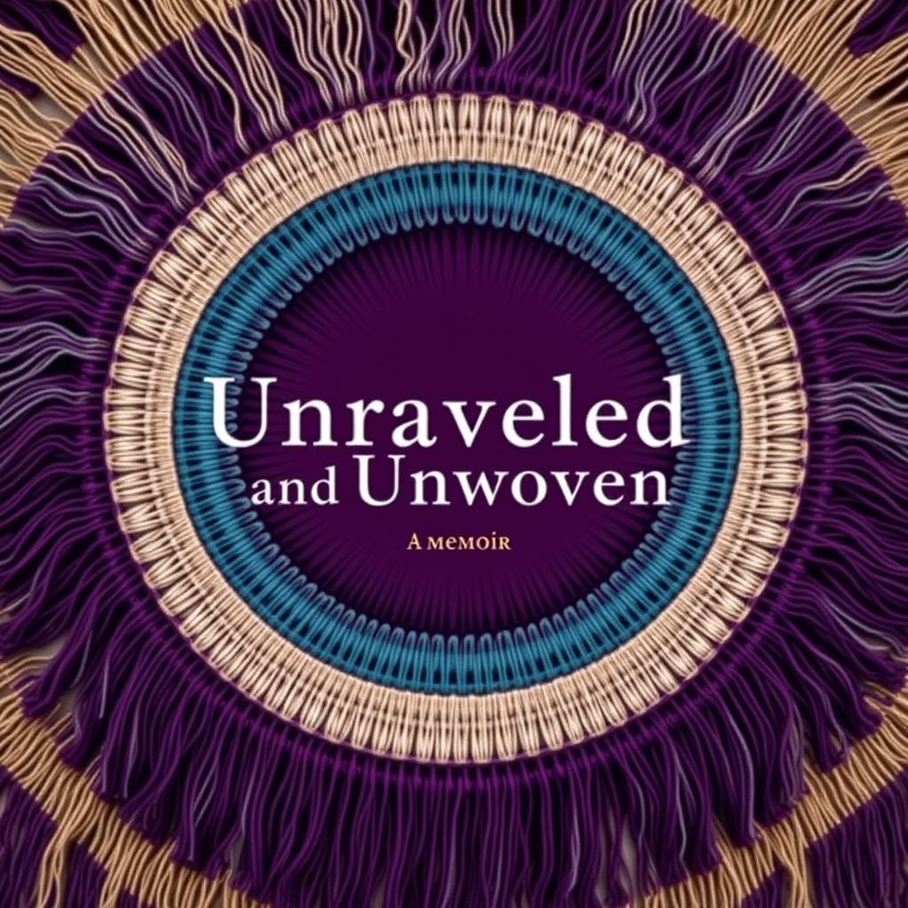 An enchanting book cover design for "Unraveled and Unwoven: A Memoir" by Jen Hatmaker, showcasing a full circular arrangement of a beautifully woven rebozo with intricate fringe details