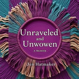An enchanting book cover design for "Unraveled and Unwoven: A Memoir" by Jen Hatmaker, showcasing a full circular arrangement of a beautifully woven rebozo with intricate fringe details