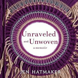 An enchanting book cover design for "Unraveled and Unwoven: A Memoir" by Jen Hatmaker, showcasing a full circular arrangement of a beautifully woven rebozo with intricate fringe details