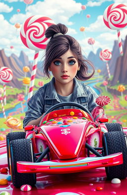 A surreal scene of a teenage girl with bright, expressive features waking up in a fantastical, pixelated candy world filled with vibrant colors
