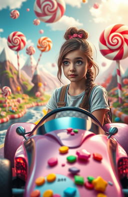 A surreal scene of a teenage girl with bright, expressive features waking up in a fantastical, pixelated candy world filled with vibrant colors