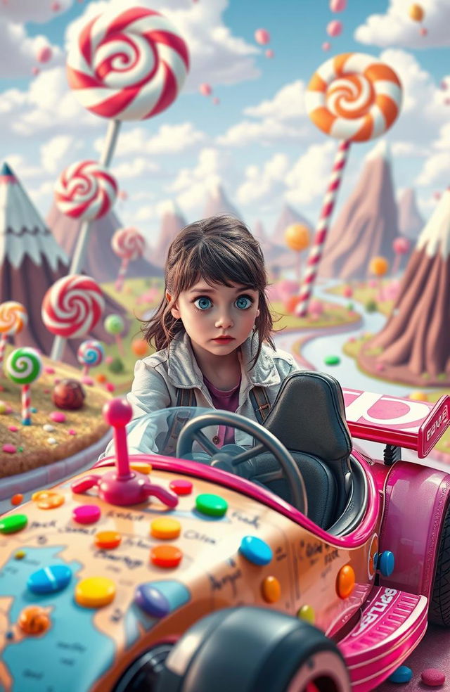 A surreal scene of a teenage girl with bright, expressive features waking up in a fantastical, pixelated candy world filled with vibrant colors