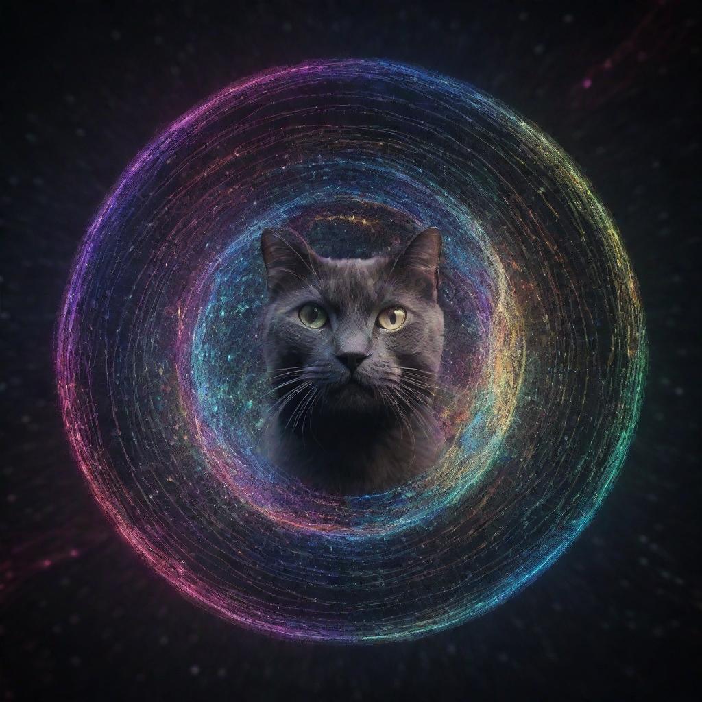 An abstract visualization of quantum physics, symbolized by infinitesimal particles, waves and indeterminacy, entangled particles, a Schrödinger's Cat paradox scenario, and other key quantum principles