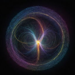 An abstract visualization of quantum physics, symbolized by infinitesimal particles, waves and indeterminacy, entangled particles, a Schrödinger's Cat paradox scenario, and other key quantum principles