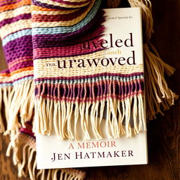 An artistic and engaging book cover design for "Unraveled and Unwoven: A Memoir" by Jen Hatmaker, featuring a woven rebozo with intricate fringe details as the central visual element