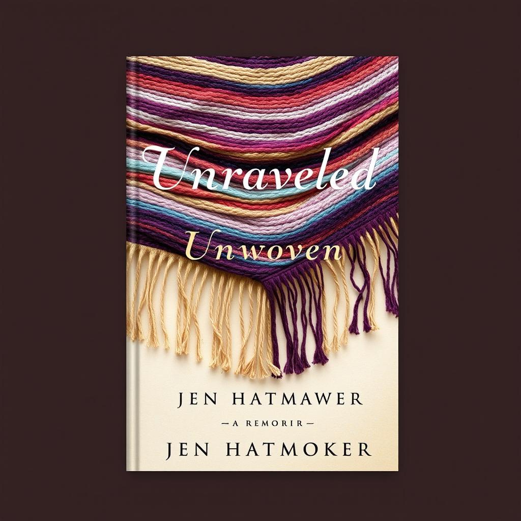 An artistic and engaging book cover design for "Unraveled and Unwoven: A Memoir" by Jen Hatmaker, featuring a woven rebozo with intricate fringe details as the central visual element