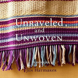 An artistic and engaging book cover design for "Unraveled and Unwoven: A Memoir" by Jen Hatmaker, featuring a woven rebozo with intricate fringe details as the central visual element