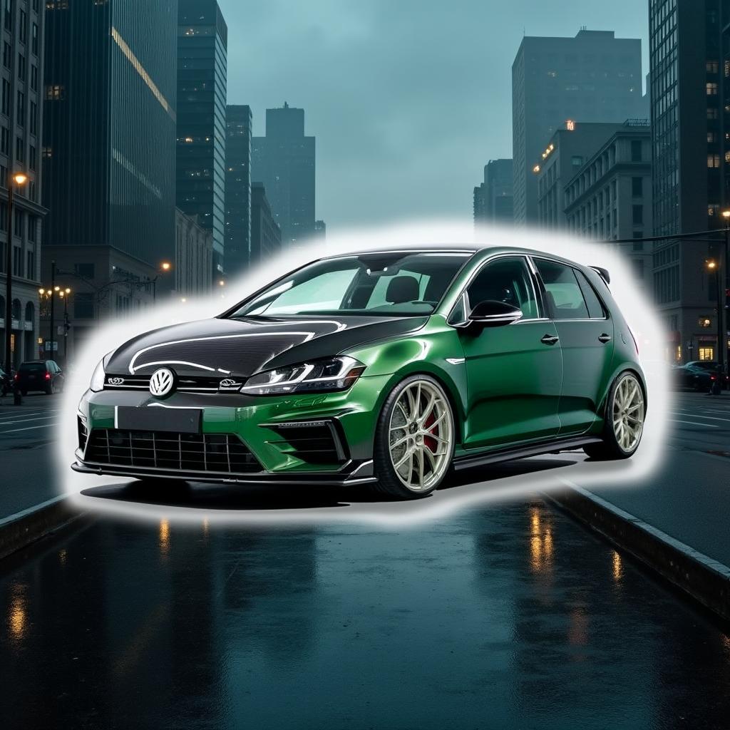 A sleek, dark green VW Golf R MK7, showcasing an aggressive body kit and a carbon fiber bonnet