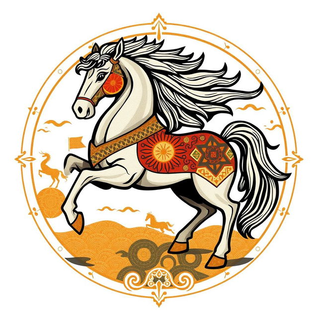 A Mongolian medieval emblem featuring a majestic horse, symbolizing strength and nobility