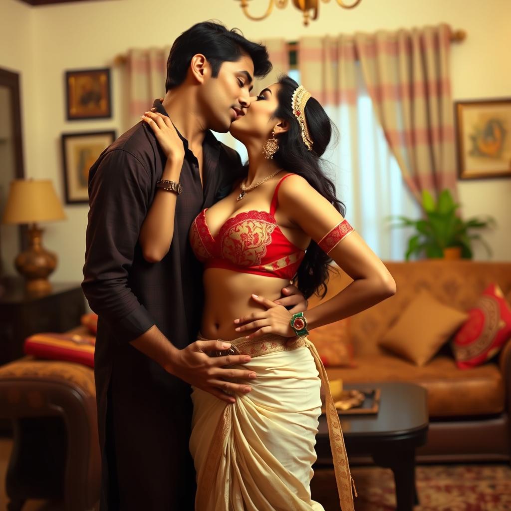 A sensual portrayal of Nushrat Bharucha as an Indian maid, wearing traditional attire that highlights her cleavage and navel