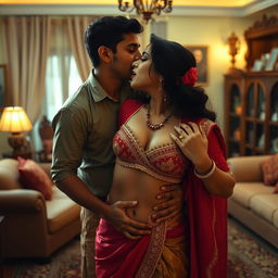 A sensual portrayal of Nushrat Bharucha as an Indian maid, wearing traditional attire that highlights her cleavage and navel