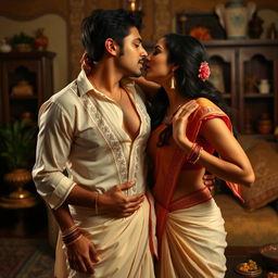 A sensual portrayal of Nushrat Bharucha as an Indian maid, wearing traditional attire that highlights her cleavage and navel