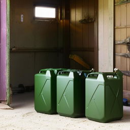 3 10-liter jerry cans in garage