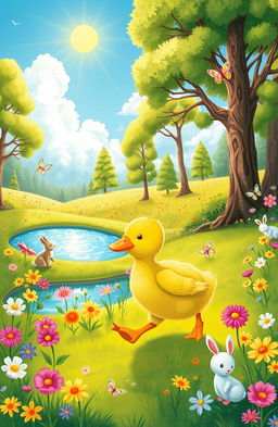 A whimsical children's story illustration featuring a green duckling