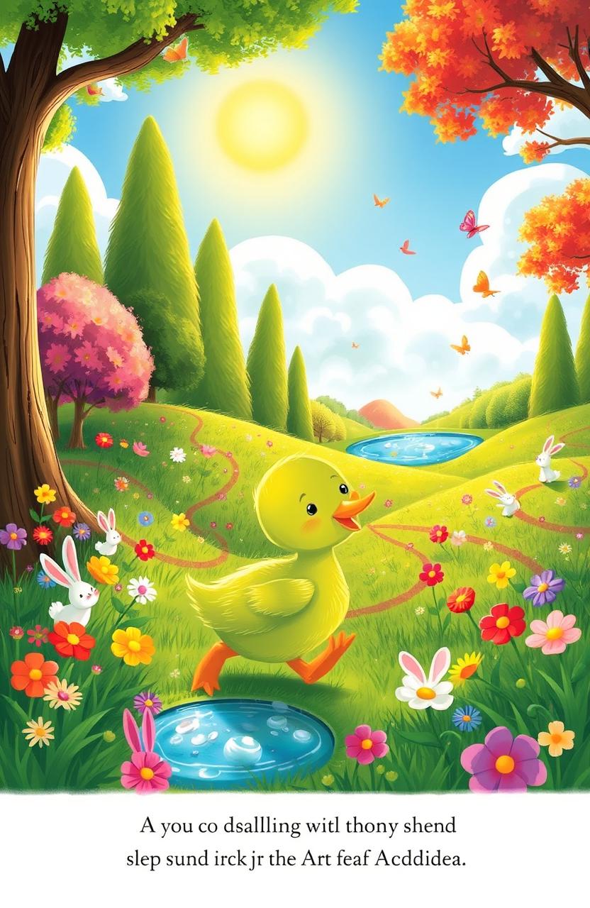 A whimsical children's story illustration featuring a green duckling