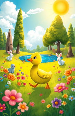 A whimsical children's story illustration featuring a green duckling
