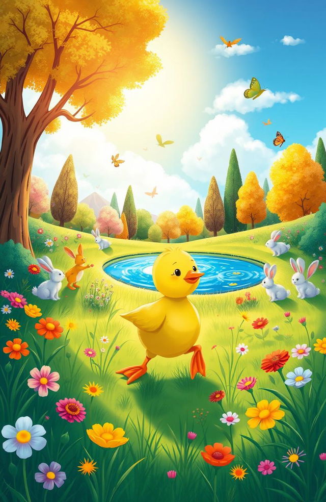 A whimsical children's story illustration featuring a green duckling