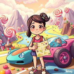 A captivating book cover illustration featuring a teenage girl with radiant, curious eyes waking up in a vibrant, game-inspired candy world