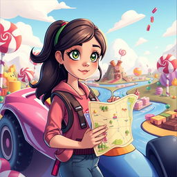 A captivating book cover illustration featuring a teenage girl with radiant, curious eyes waking up in a vibrant, game-inspired candy world