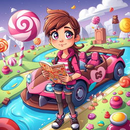 A captivating book cover illustration featuring a teenage girl with radiant, curious eyes waking up in a vibrant, game-inspired candy world