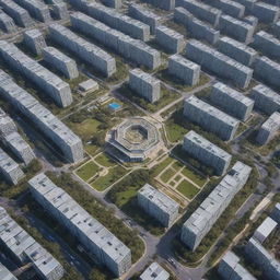 A bird's eye view of a global IT park with a mosaic of buildings from different countries, showcasing a global unity in technological advancements and digital information exchange