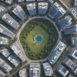 A bird's eye view of a global IT park with a mosaic of buildings from different countries, showcasing a global unity in technological advancements and digital information exchange