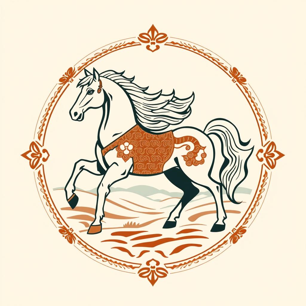 A Mongolian medieval emblem showcasing a noble horse, symbolizing strength, freedom, and the rich heritage of the Mongolian culture