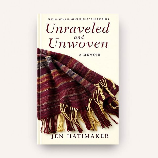 An elegant book cover design for "Unraveled and Unwoven: A Memoir" by Jen Hatmaker, featuring a beautifully woven rebozo with decorative fringe detailing as the focal point