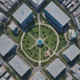 A bird's eye view of a global IT park with a mosaic of buildings from different countries, showcasing a global unity in technological advancements and digital information exchange