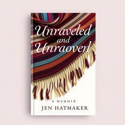 An elegant book cover design for "Unraveled and Unwoven: A Memoir" by Jen Hatmaker, featuring a beautifully woven rebozo with decorative fringe detailing as the focal point