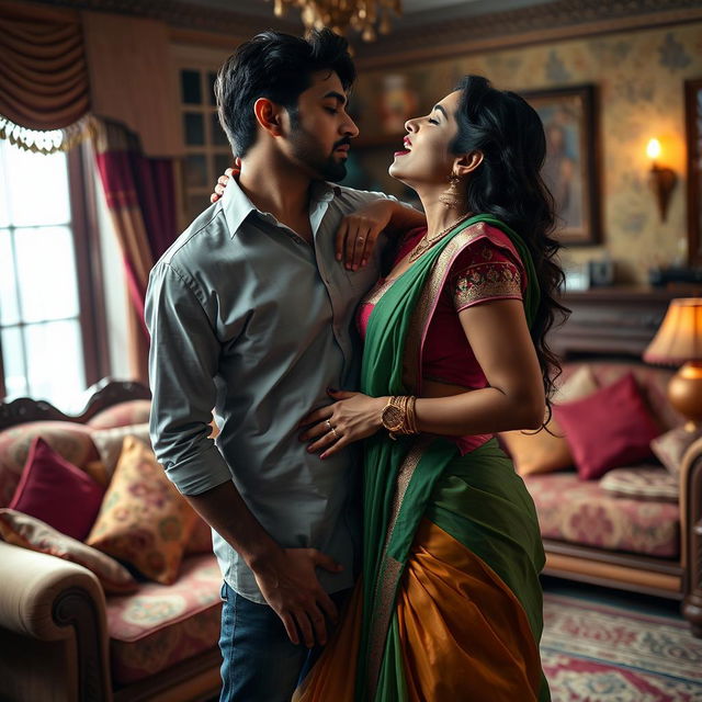 A sensual portrayal of Nushrat Bharucha as an Indian housemaid, dressed in traditional attire that accentuates her cleavage and navel