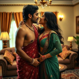 A sensual portrayal of Nushrat Bharucha as an Indian housemaid, dressed in traditional attire that accentuates her cleavage and navel