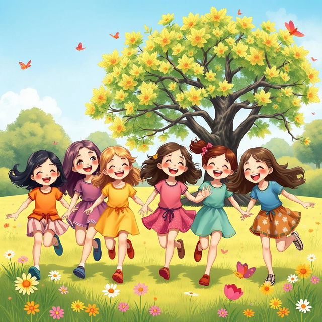 A whimsical and vibrant illustration of a group of joyful young girls playing in a sunny park