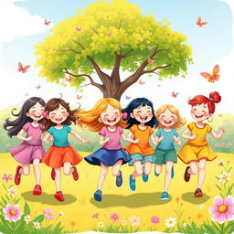 A whimsical and vibrant illustration of a group of joyful young girls playing in a sunny park