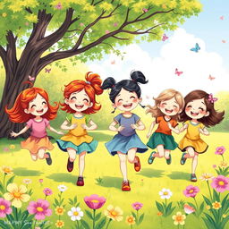 A whimsical and vibrant illustration of a group of joyful young girls playing in a sunny park