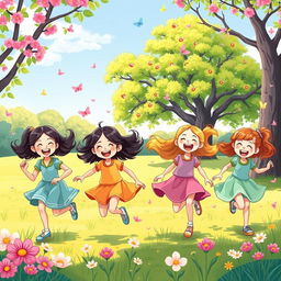 A whimsical and vibrant illustration of a group of joyful young girls playing in a sunny park