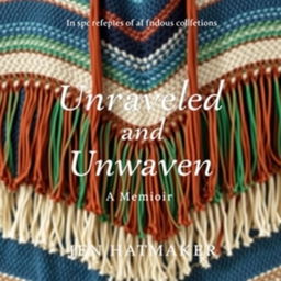 A captivating book cover design for "Unraveled and Unwoven: A Memoir" by Jen Hatmaker, featuring a woven rebozo with intricate fringe details, showcasing a palette of denim blue, spruce green, cream, and rust tones