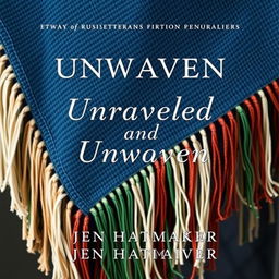A captivating book cover design for "Unraveled and Unwoven: A Memoir" by Jen Hatmaker, featuring a woven rebozo with intricate fringe details, showcasing a palette of denim blue, spruce green, cream, and rust tones