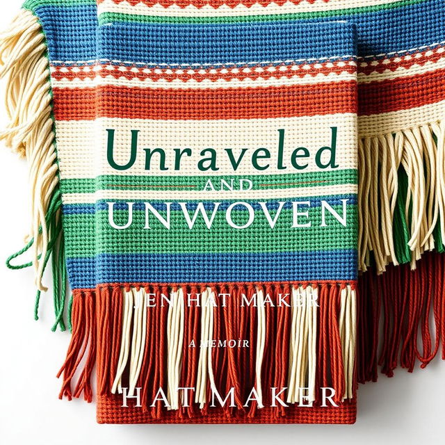 A captivating book cover design for "Unraveled and Unwoven: A Memoir" by Jen Hatmaker, featuring a woven rebozo with intricate fringe details, showcasing a palette of denim blue, spruce green, cream, and rust tones