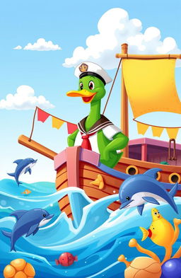 A charming children's story illustration featuring a brave green duck captain, dressed in a classic sailor uniform with a hat, standing proudly on a colorful wooden ship