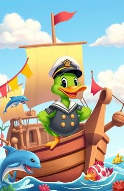 A charming children's story illustration featuring a brave green duck captain, dressed in a classic sailor uniform with a hat, standing proudly on a colorful wooden ship