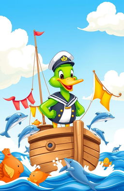 A charming children's story illustration featuring a brave green duck captain, dressed in a classic sailor uniform with a hat, standing proudly on a colorful wooden ship